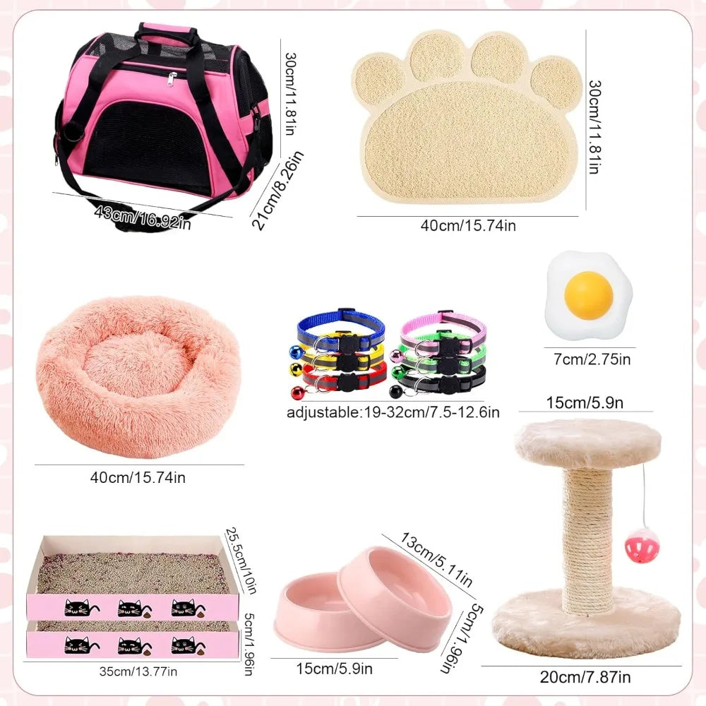 Kitten Starter Kit: 37 Pcs Indoor Cat Essentials with Bed, Carrier, Litter Box, Toys & More (Pink)