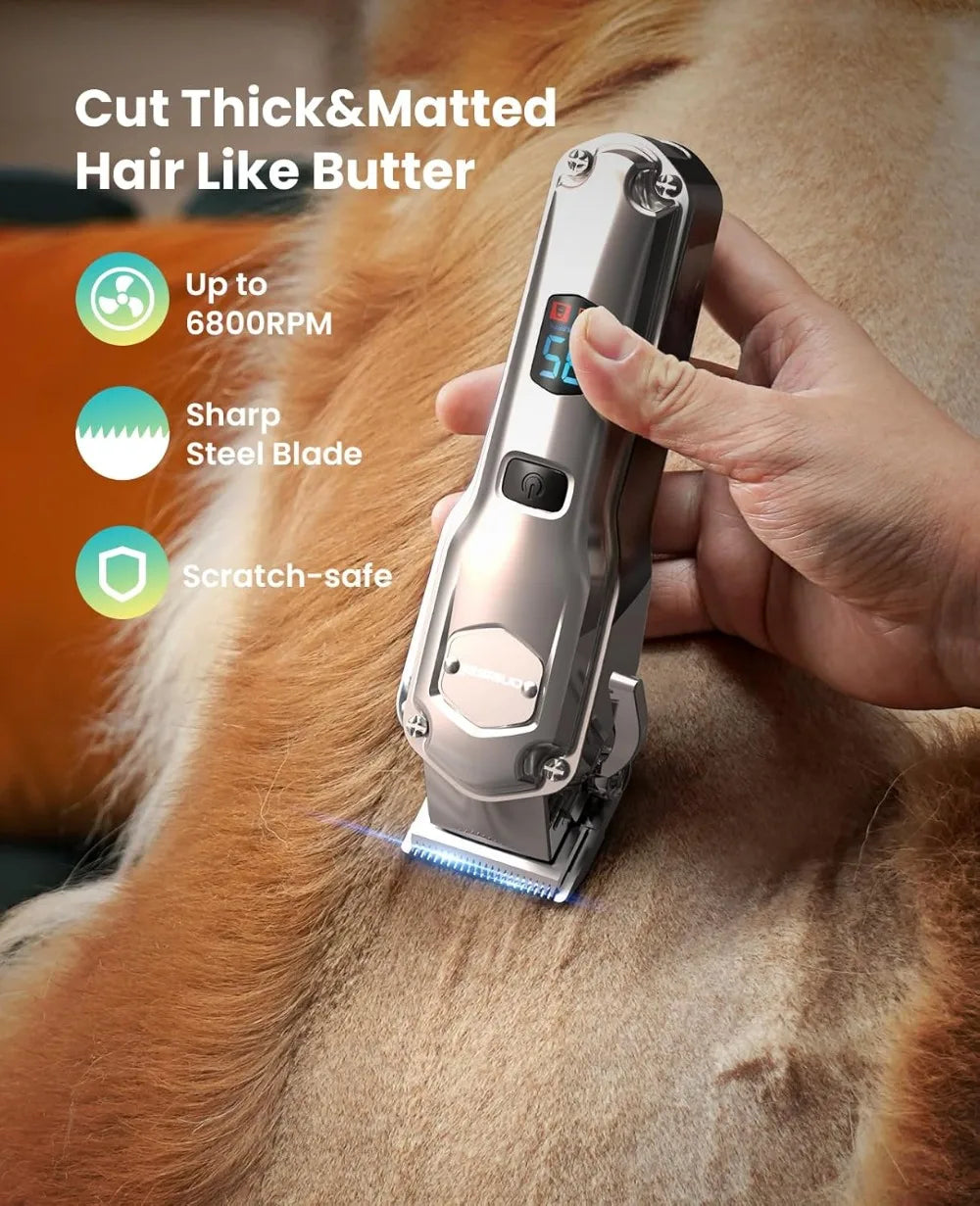 Dog Clippers for Thick Coats, 4-in-1 Grooming Kit Low Noise Stainless Steel Blade, Cordless Paw Trimmer & Nail Grinder for Small Large Dogs Cats