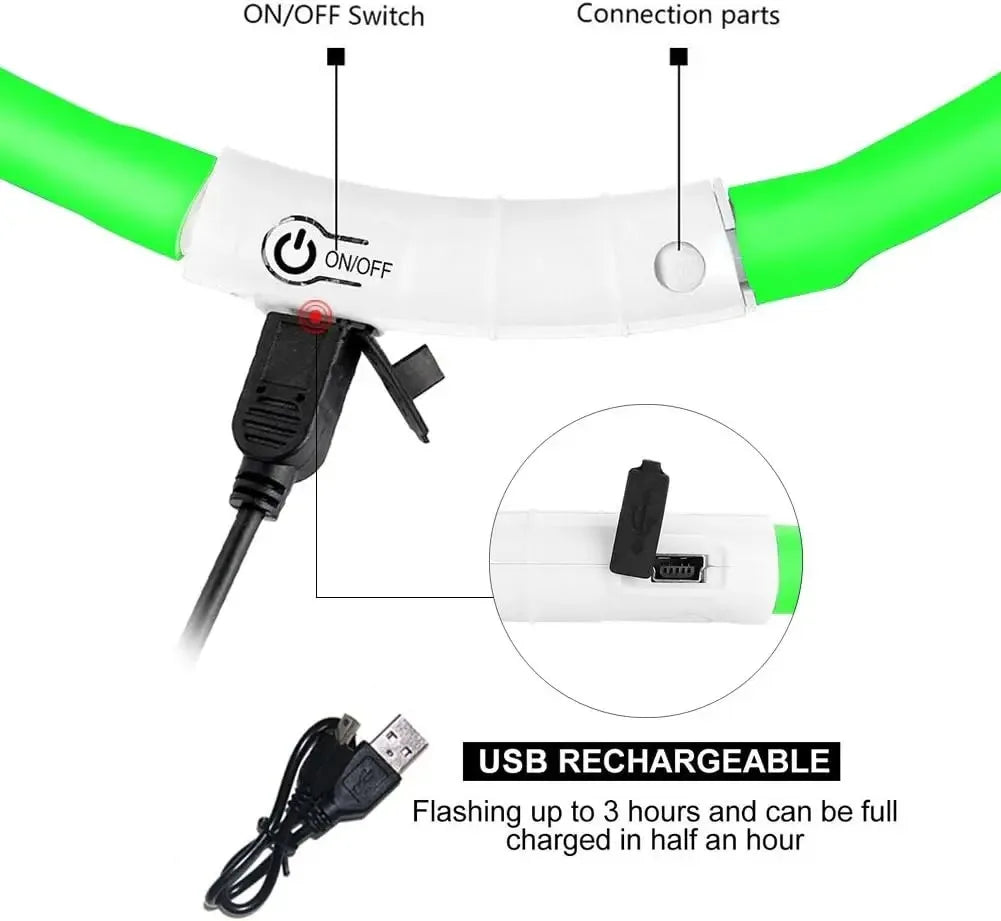 LED dog collar, USB rechargeable illuminated pet dog collar, 3 modes, LED illuminated anti-lost dog collar
