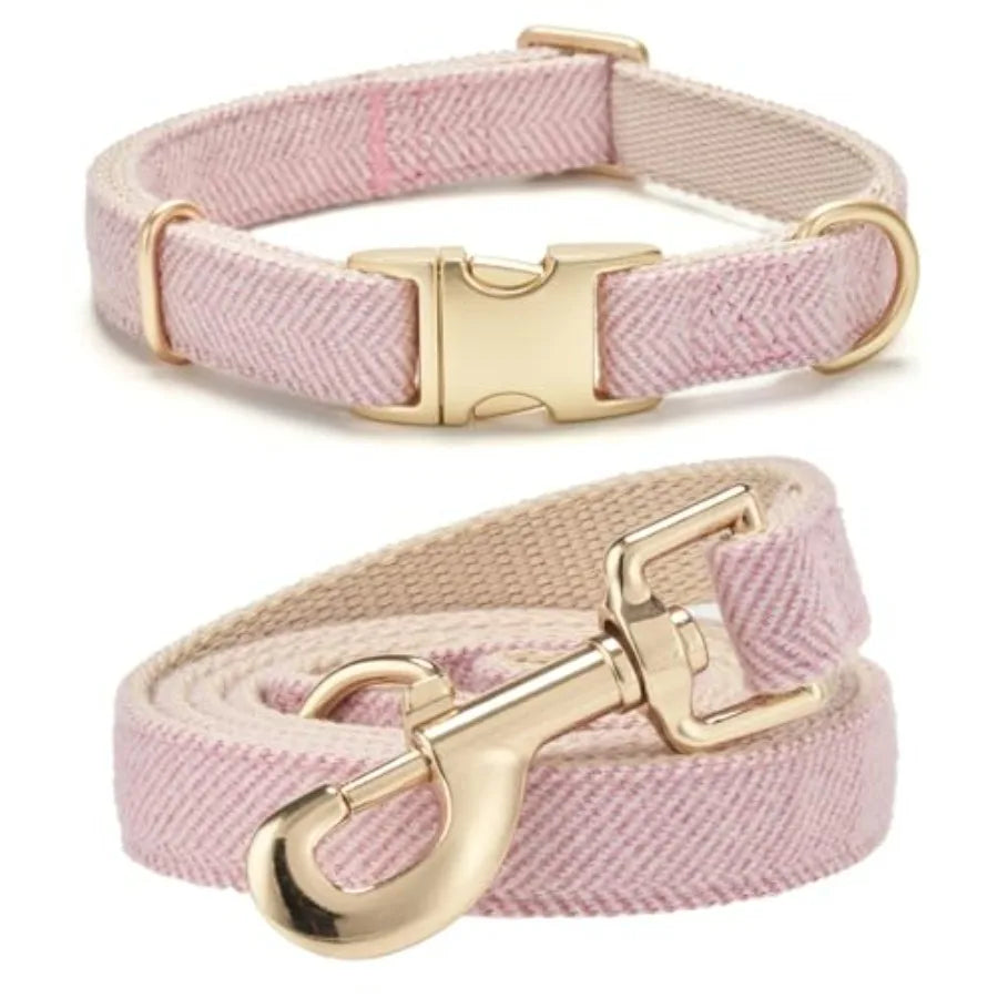 Soft Dog Collar and Leash Set Adjustable Woven Tweed Dog Collars with Metal Buckle and Lead for Dogs, Pink