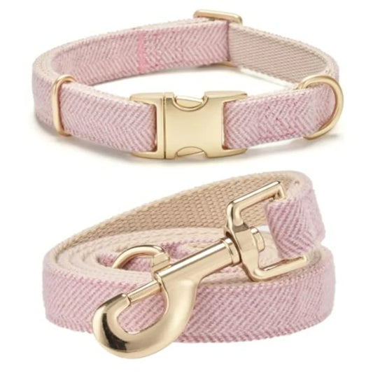 Soft Dog Collar and Leash Set Adjustable Woven Tweed Dog Collars with Metal Buckle and Lead for Dogs, Pink