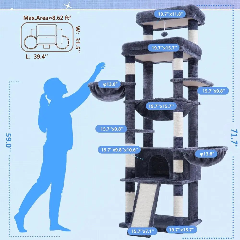 Hey-Cat Tree Tower, Scratching Posts with Extra Large Platorm and Basket, Specious Condo, 2 Cozy Hammocks, Scratch Board or Indo