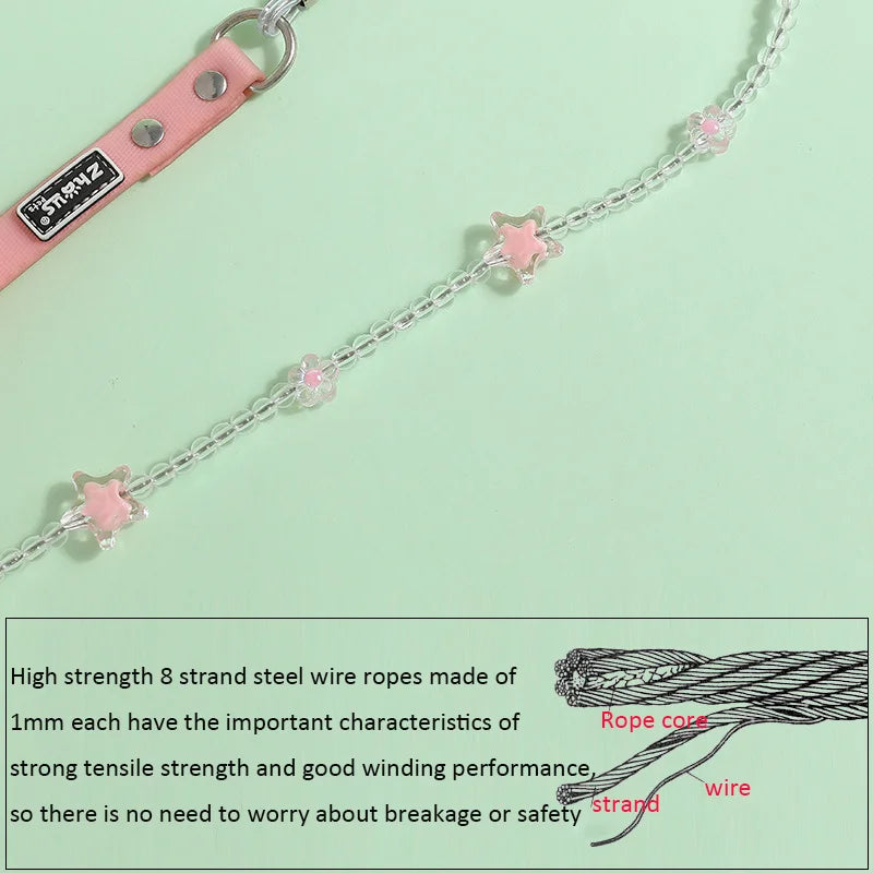 PU Leather Pet Beads Collar Pink Dog Leash Built in Wire Rope Durable Dog Collar Leash Set for Cats Small Dogs Pet Accessor