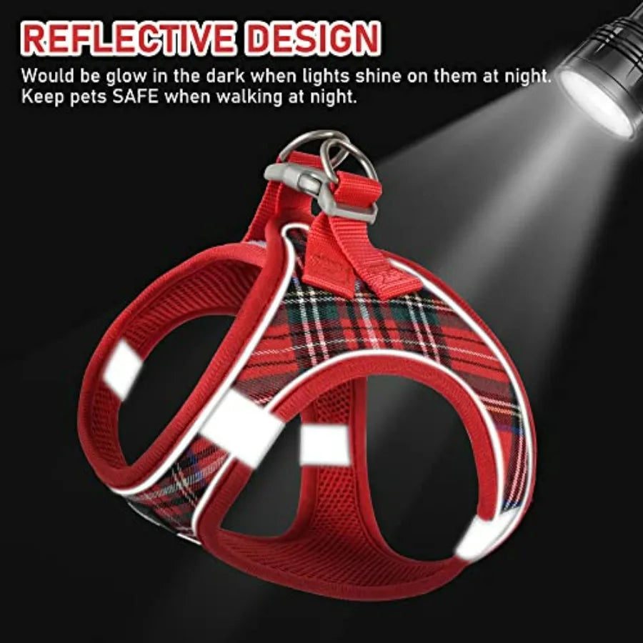 Small Dog Harness Collar and Leash Set, Step in No Chock No Pull Soft Mesh Adjustable Dog Vest Harnesses Plaid Reflective for D