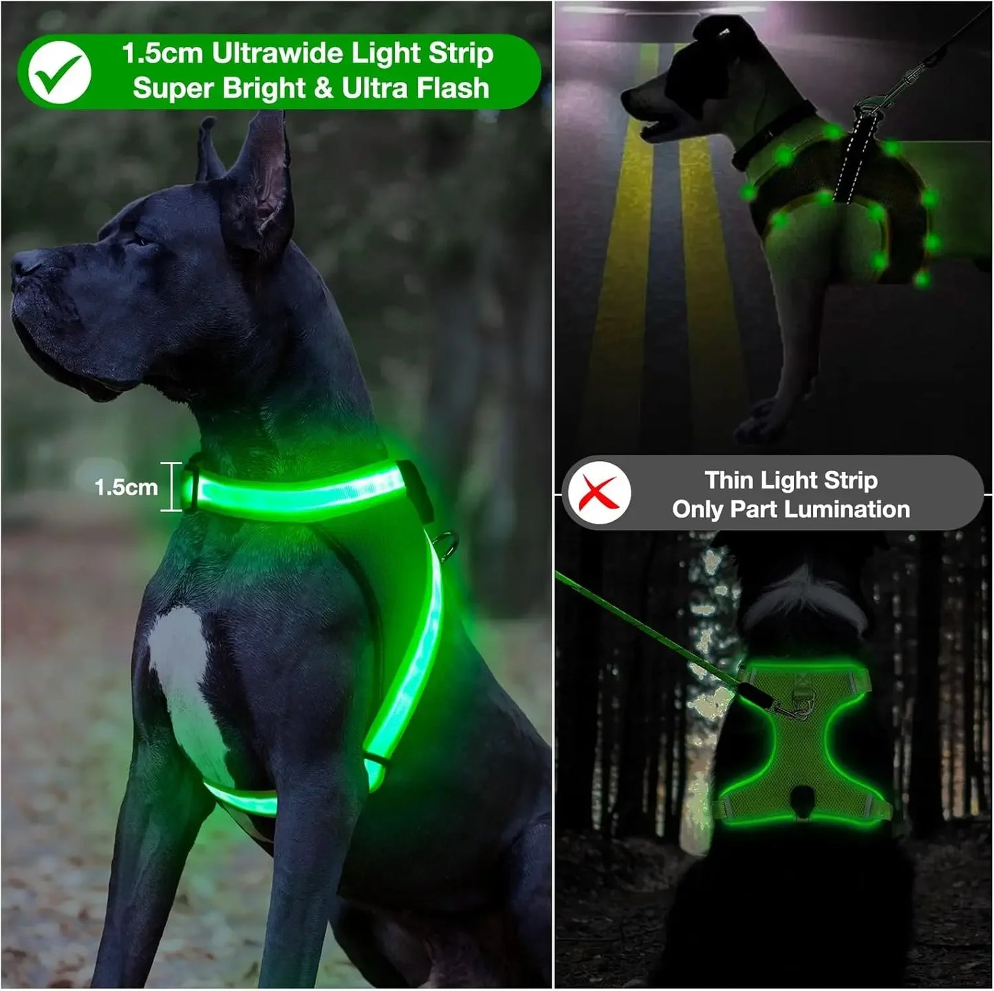 Light Up Dog Harness, USB Rechargeable No-Pull LED Glow-in-The-Dark Safety Vest for Medium Large Dogs with 360° Illumination and