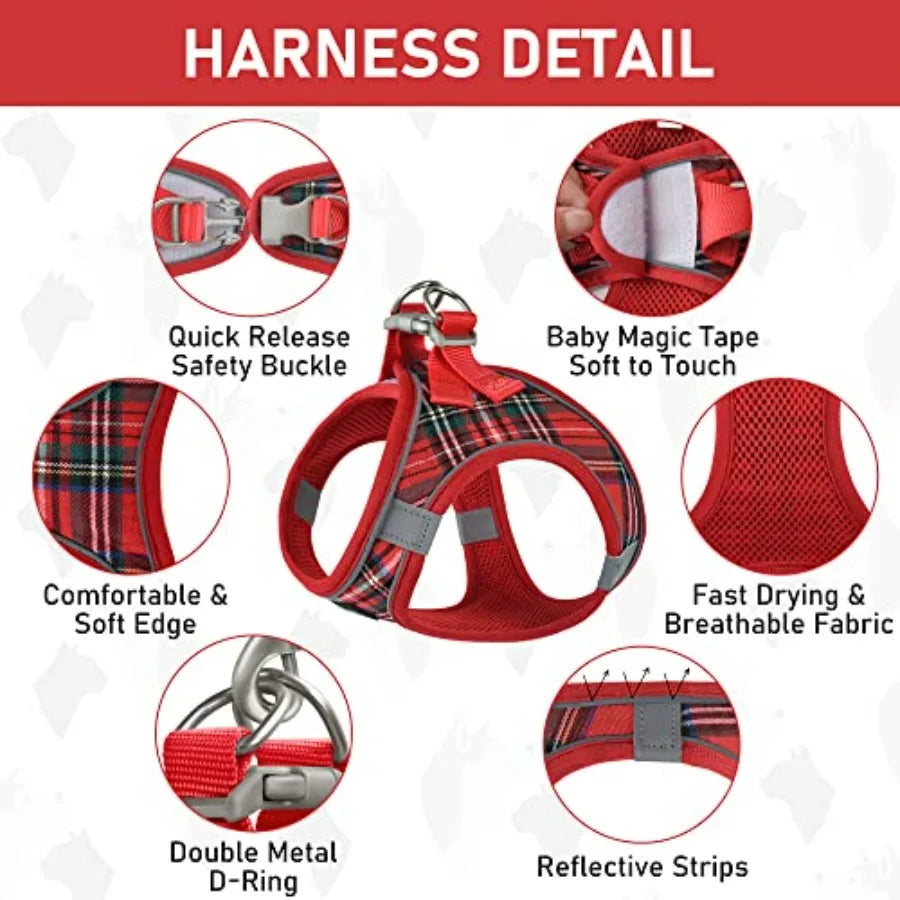 Small Dog Harness Collar and Leash Set, Step in No Chock No Pull Soft Mesh Adjustable Dog Vest Harnesses Plaid Reflective for D