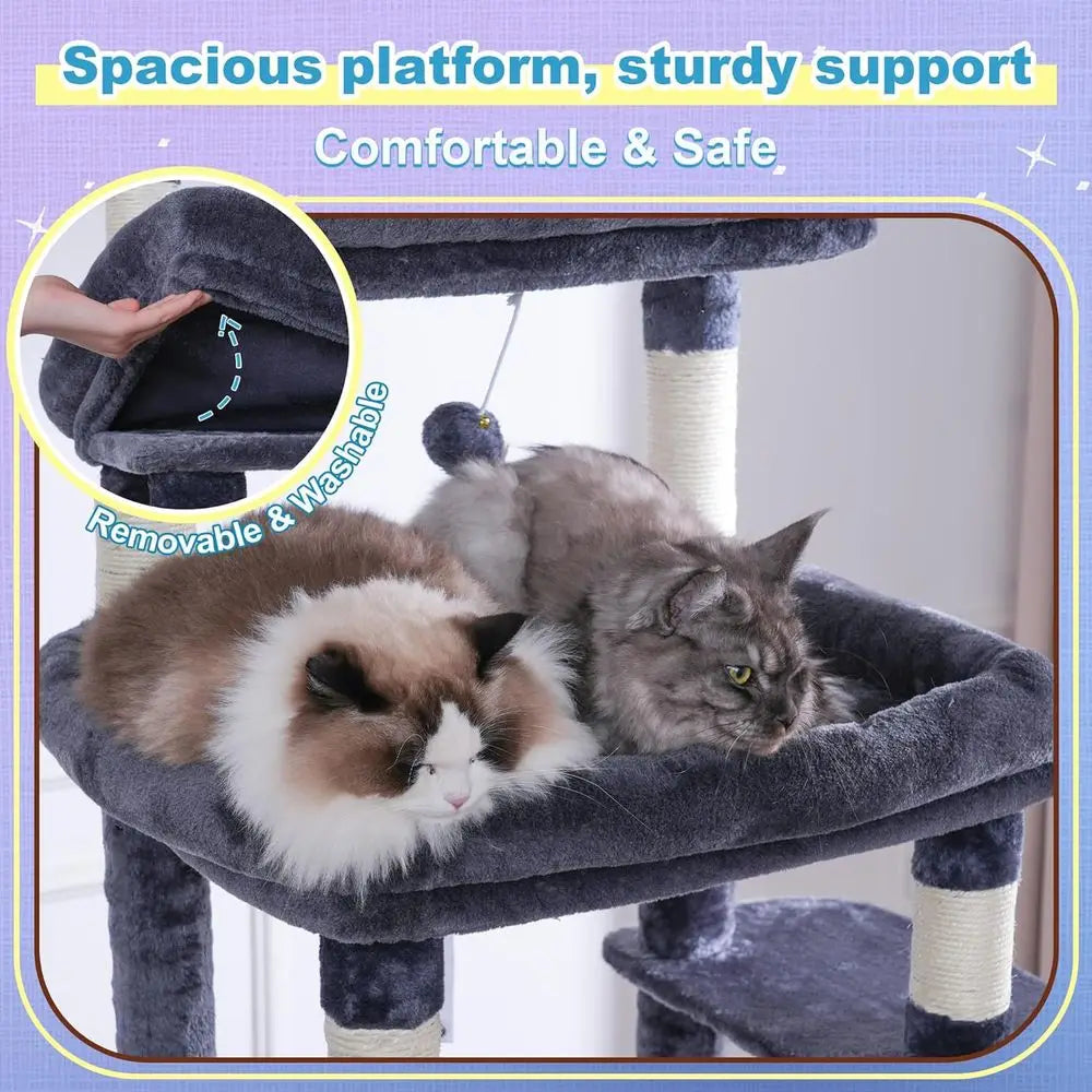 Hey-Cat Tree Tower, Scratching Posts with Extra Large Platorm and Basket, Specious Condo, 2 Cozy Hammocks, Scratch Board or Indo