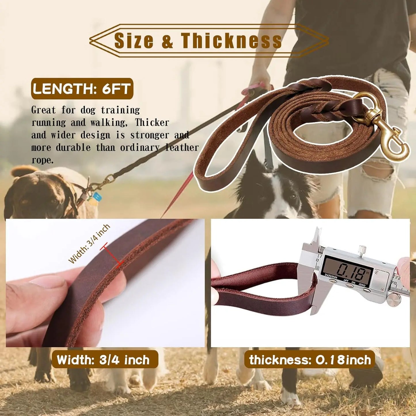 6ft x 3/4 inch Genuine Leather Braided Dog Leash, Strong Heavy Duty for Large and Medium Dogs, Soft Comfortable Brown