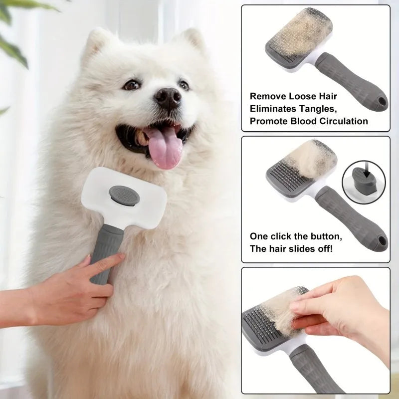Effortless One-Step Clean Pet Grooming Brush, Gentle Hair Remover Massage Tool for Dog Cat Long Short Coat