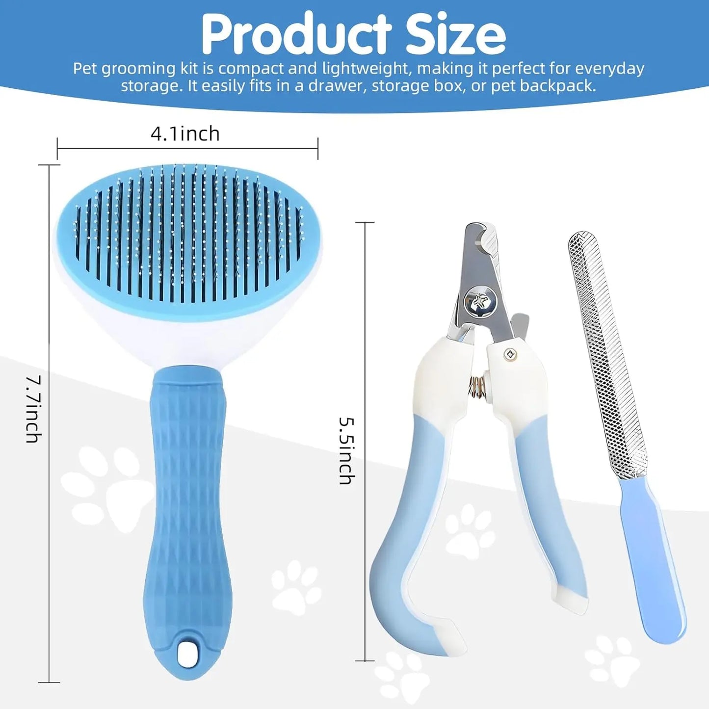 Pet Grooming Kit, Self-Cleaning Slicker Brush & Nail Clipper for Dogs Cats, Remove Loose Hair, Blue