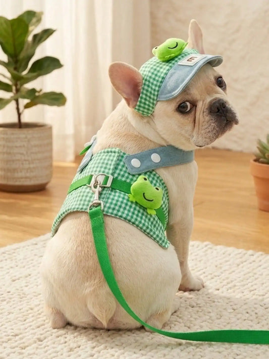 PETSIN 1pc Breathable Lightweight Skid Proof Quick Drying Cute Frog Pattern Solid Color Pet Harness And Leash Suitable For Cats And Dogs Wear For Outdoor Walking Traveling Hiking Daily Use Easy To Wear Comfortable Contact Pet