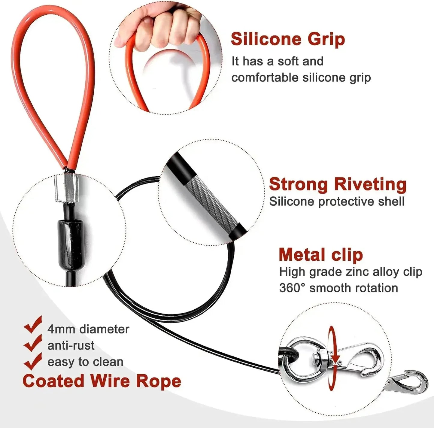 Heavy Duty Dog Leash Chew Proof Metal Leash For Large Dogs Up To 250lbs Wire Rope Dog Leashes With Soft Silicone Grip Black 5 FT