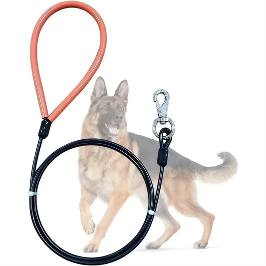 Heavy Duty Dog Leash Chew Proof Metal Leash For Large Dogs Up To 250lbs Wire Rope Dog Leashes With Soft Silicone Grip Black 5 FT
