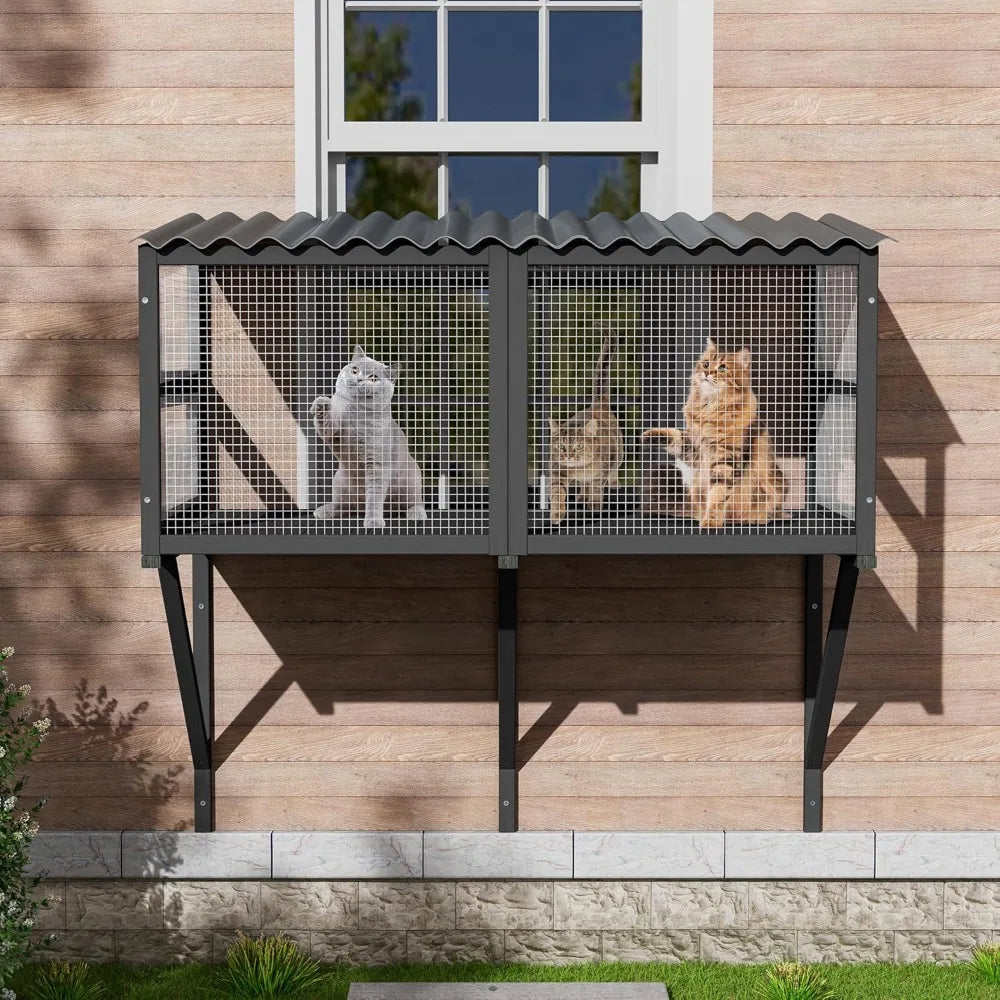 Cat Window Box for Multiple Indoor Cats, Catio Pet Perch with Metal Mesh Locking Side Door, Wooden Enclosure Window All Weather