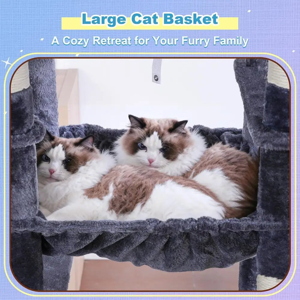 Hey-Cat Tree Tower, Scratching Posts with Extra Large Platorm and Basket, Specious Condo, 2 Cozy Hammocks, Scratch Board or Indo