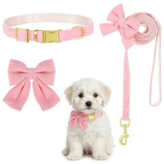 2pcs Dog Collar and Leash Set with Bowtie Cute Small Dog Collar Harness Leash Set Adjustable Breathable Soft Padded for Small M