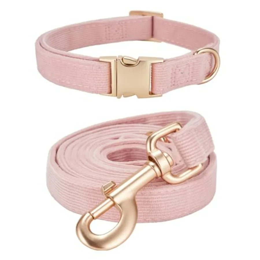 Soft Dog Collar and Leash Set Adjustable Woven Tweed Dog Collars with Metal Buckle and Lead for Dogs, Pink