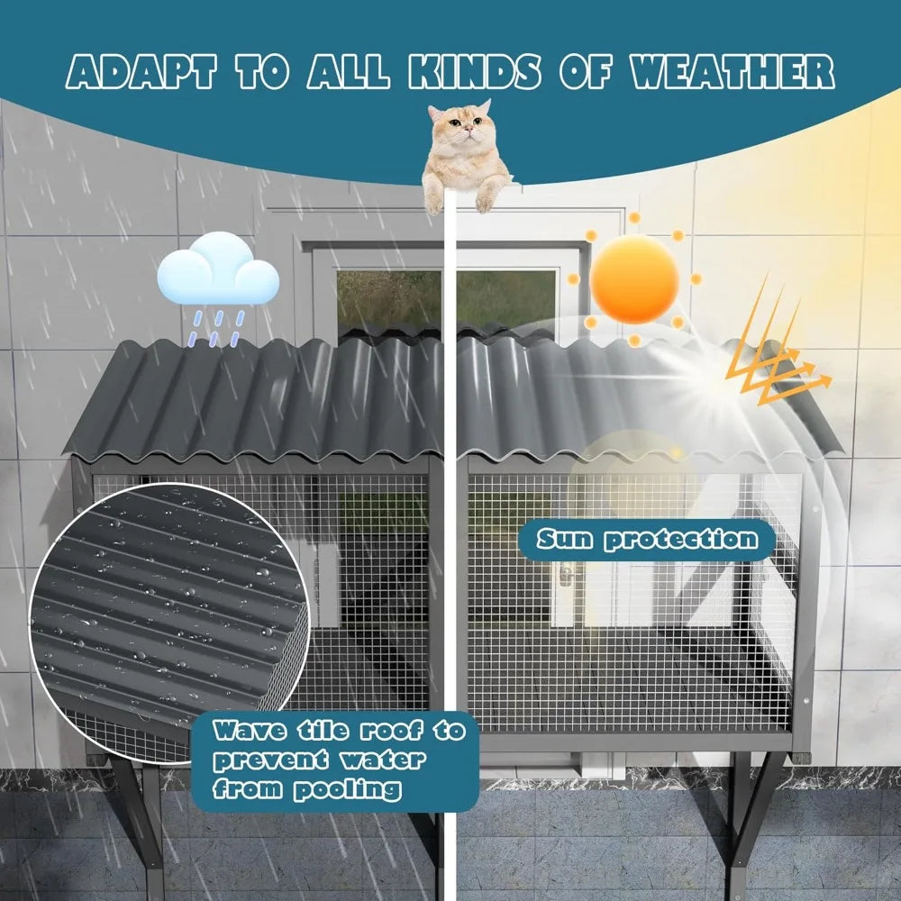 Cat Window Box for Multiple Indoor Cats, Catio Pet Perch with Metal Mesh Locking Side Door, Wooden Enclosure Window All Weather
