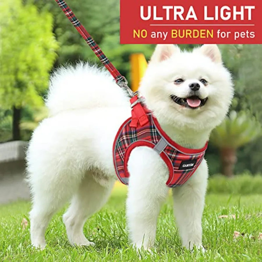 Small Dog Harness Collar and Leash Set, Step in No Chock No Pull Soft Mesh Adjustable Dog Vest Harnesses Plaid Reflective for D