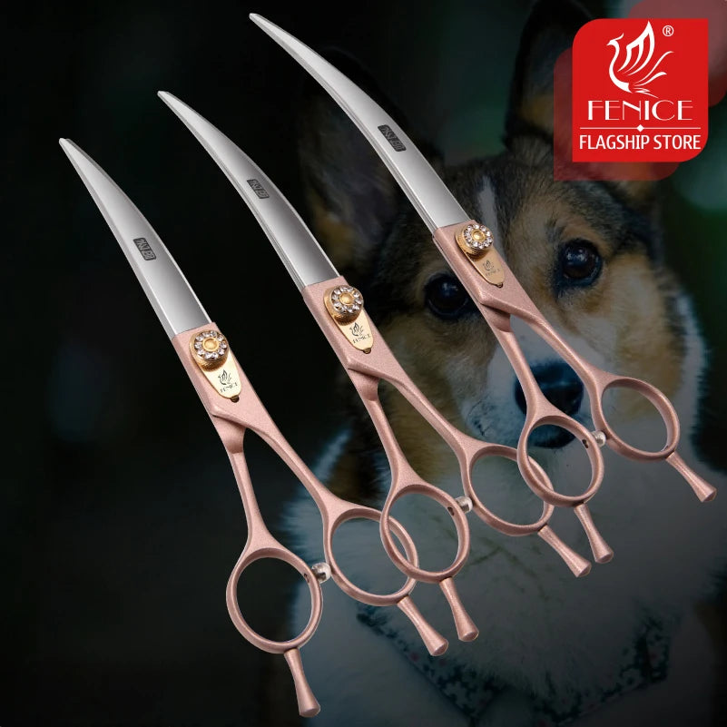 Fenice JP440C Steel Dog Scissors 7/7.5/8 Inch Pet Grooming Shears Curved Hair Trimming Scissors for Dogs Professional Groomer