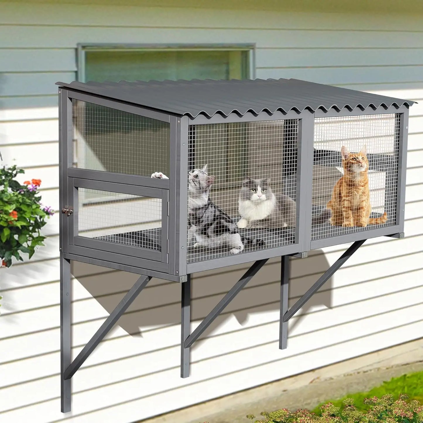 Cat Window Box for Multiple Indoor Cats, Catio Pet Perch with Metal Mesh Locking Side Door, Wooden Enclosure Window All Weather