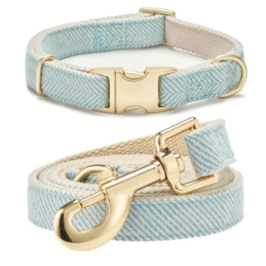 Soft Dog Collar and Leash Set Adjustable Woven Tweed Dog Collars with Metal Buckle and Lead for Dogs, Pink